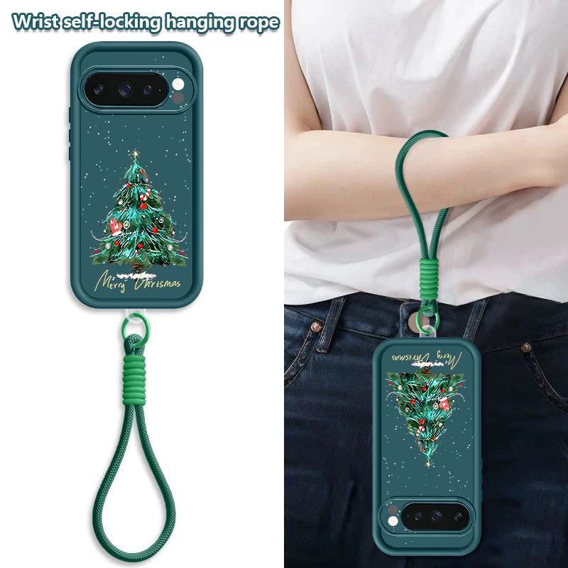 Christmas Tree Pattern Phone Case For Google Pixel 10 8 7 Pro 8A Pixel 9 Pro XL Soft TPU Wrist Strap Lanyard Silicone Back Cover