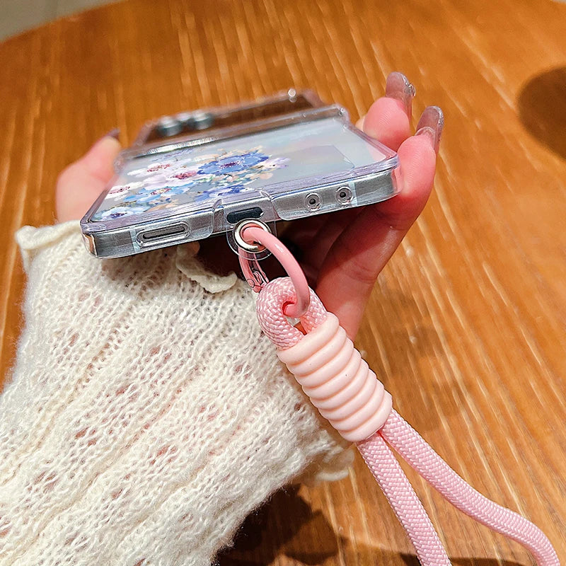 Wrist Strap Lanyard Phone Case For Samsung Galaxy Z Flip7 Flip6 Flip5 Flip4 Flip 7 FE 6 5 4 3 5G Tiny Hearts Pattern Back Cover