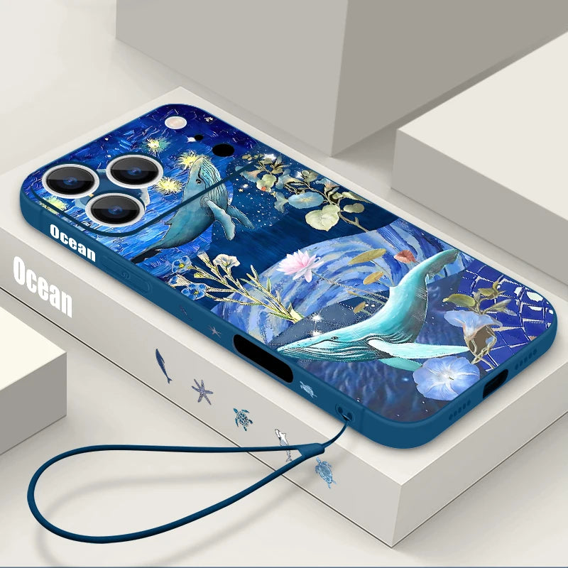 Wrist Strap Lanyard TPU Phone Case For iPhone 17 16 15 Pro Max 12 13 14 Pro Max Air 11 Dreamy Ocean Printed Soft Silicone Cover