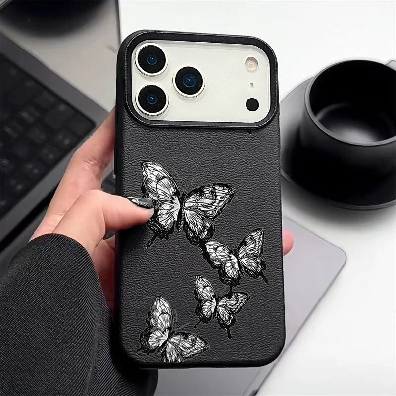 Black Butterfly Pattern Phone Case For iPhone 17 16e 16 15 Pro Max Leather Texture TPU Cover For iPhone Air 12 13 14 Pro Max 11