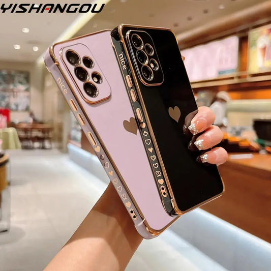 Luxury Plating Case For Samsung Galaxy A17 A55 A53 A54 5G S23 S24 FE S25 S24 Ultra Side Love Heart Pattern Silicone Soft Cover