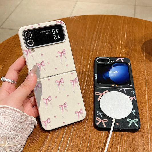 Case For Magsafe For Samsung Galaxy Z Flip 6 5 4 3 5G Flip6 Flip5 Flip4 Pink Bow Printed Leather Texture Soft TPU Folding Cover