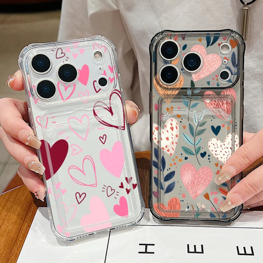 Card Slot Pocket Clear Case For iPhone 17 16 Pro 15 14 13 Pro Max 11 Shockproof Love Heart Pattern Soft Silicone Phone Cover