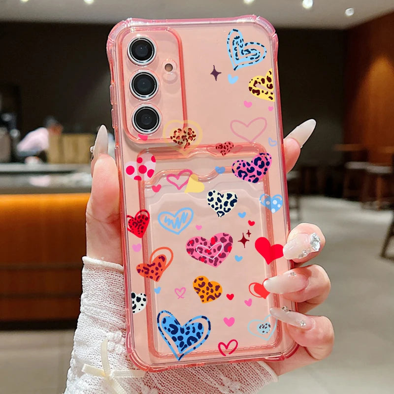 Card Pocket TPU Phone Case For Samsung Galaxy S25 S24 S23 Ultra S24 S23 S25 FE S22 Plus Leopard Print Love Heart Pattern Cover