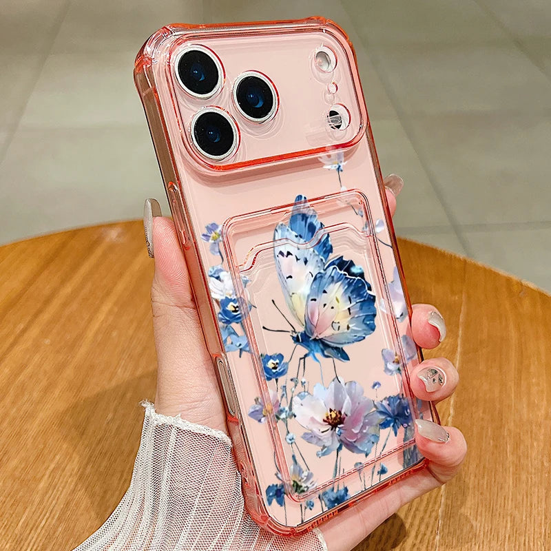Card Slot Pocket TPU Case For iPhone 17 16 Pro 15 14 13 Pro Max 11 Shockproof Butterfly Pattern Soft Silicone Clear Phone Cover