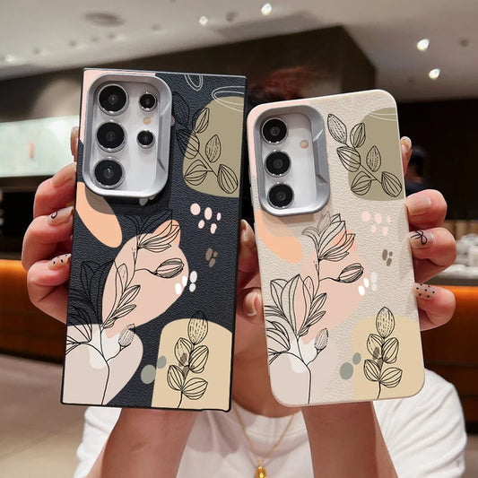 Leather Texture Soft TPU Case For Samsung Galaxy S24 FE S23 S22 Ultra A55 A54 A35 A16 A15 A25 A14 5G Plant Printed Phone Cover