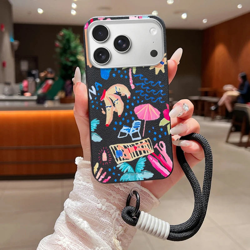 Wrist Strap Lanyard Phone Case For iPhone 17 16 15 Pro Max 14 15 Plus 13 12 Pro Max Air Summer Vacation Printed TPU Back Cover