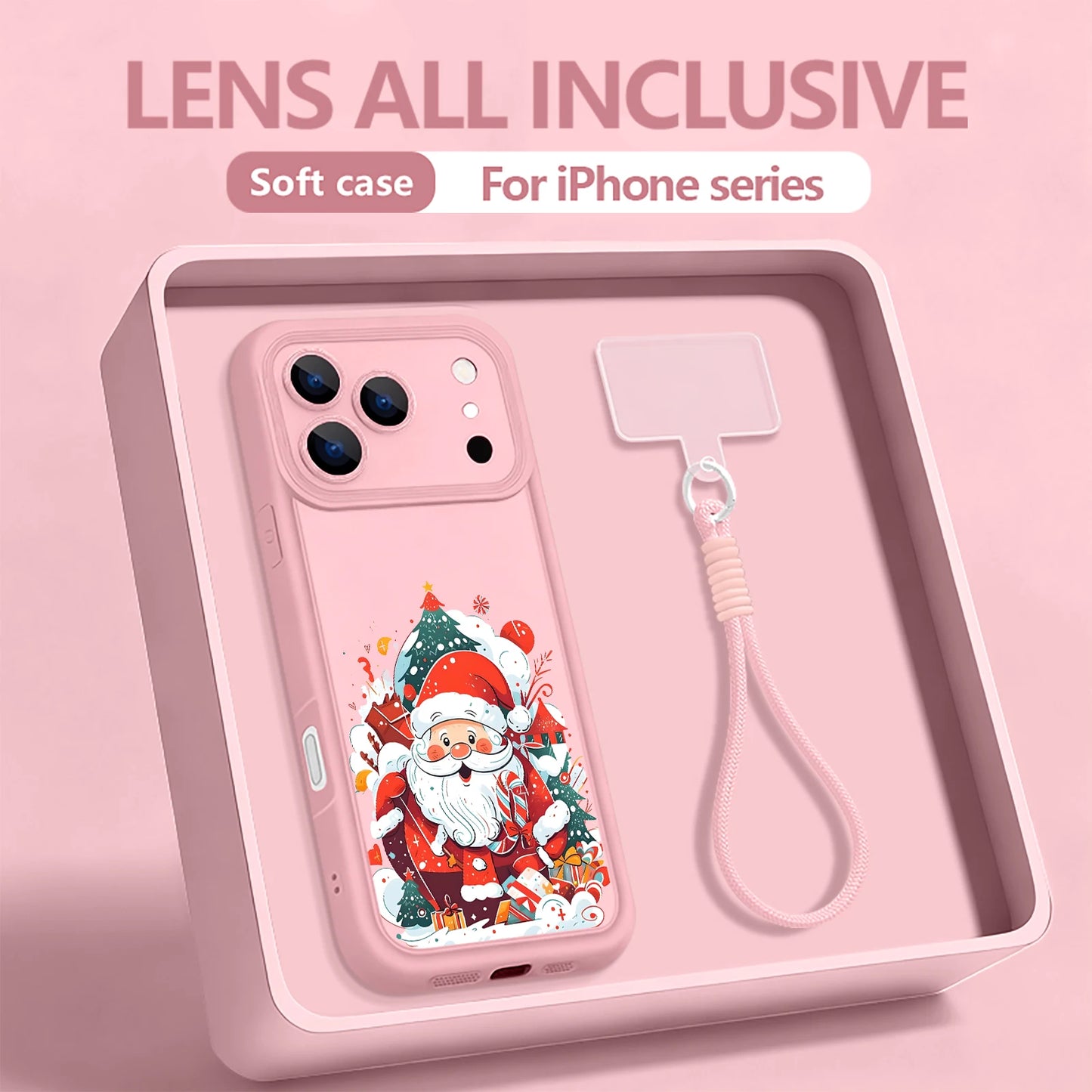 Soft TPU Lanyard Phone Case For iPhone 17 Pro Max Air 16E 16 14 15 Pro 12 13 Pro Max 11 Santa Claus Pattern Wrist Strap Cover