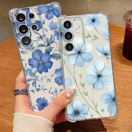 Clear Soft TPU Phone Case For Samsung Galaxy S25 S24 S23 Ultra S24 S25 FE S22 S21 Plus Blue Flowers Pattern Drop-proof Cover