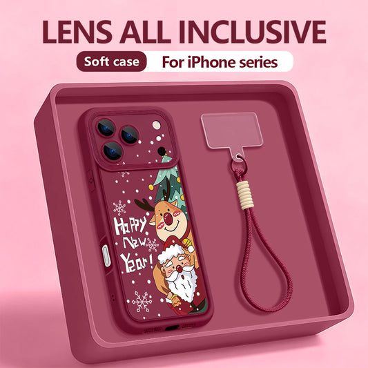 Happy New Year Lanyard Phone Case For iPhone 17 Pro Max Air 16E 16 14 15 Pro 12 13 Pro Max 11 Soft TPU Wrist Strap Back Cover