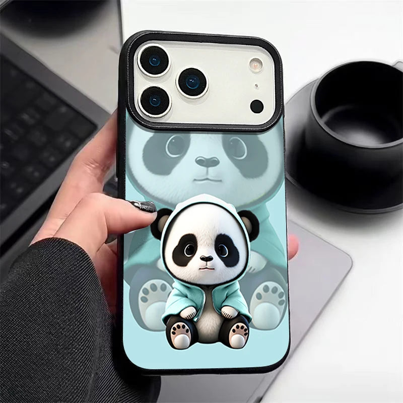 Cute Panda Printed TPU Phone Case For iPhone 17 16e 16 15 Pro Max 14 13 12 Pro Max 11 Air Soft Leather Texture Silicone Cover