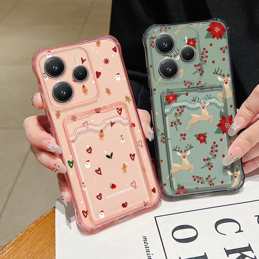 Card Slot Pocket Soft TPU Phone Case For Xiaomi 13T Pro Xiaomi 14T PRO Shockproof Cute Elk Love Heart Printed Clear Back Cover