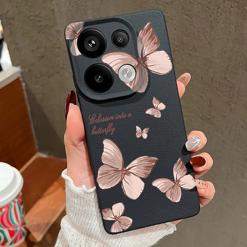 Pink Butterfly Pattern Phone Case For Xiaomi Redmi Note 14 13 Pro 4G Note 13 14 Pro Plus 5G 13C 11 Pro Leather Texture TPU Cover