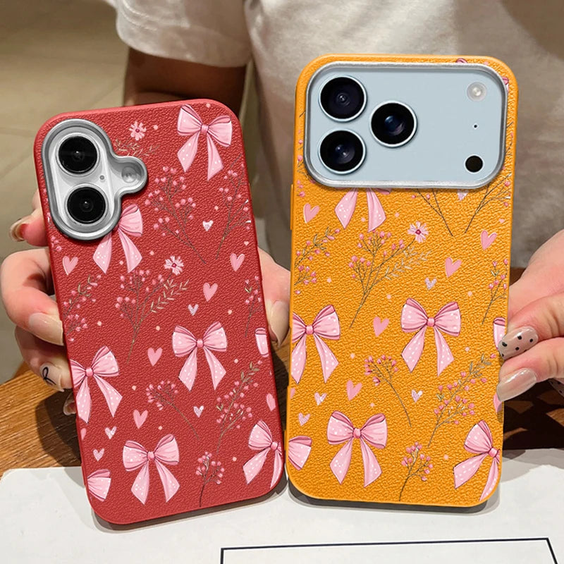 Leather Texture Soft TPU Phone Case For iPhone 17 16 15 Pro Max 14 15 Plus 13 12 Pro Max 11 Air Pink Bowknot Pattern Back Cover
