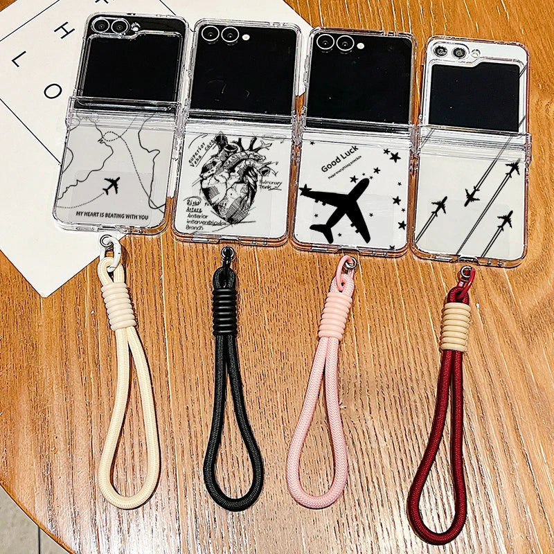 Wrist Strap Lanyard Phone Case For Samsung Galaxy Z Flip7 Flip6 Flip5 Flip4 Flip 7 FE 6 5 4 3 5G Airplane Pattern Folding Cover
