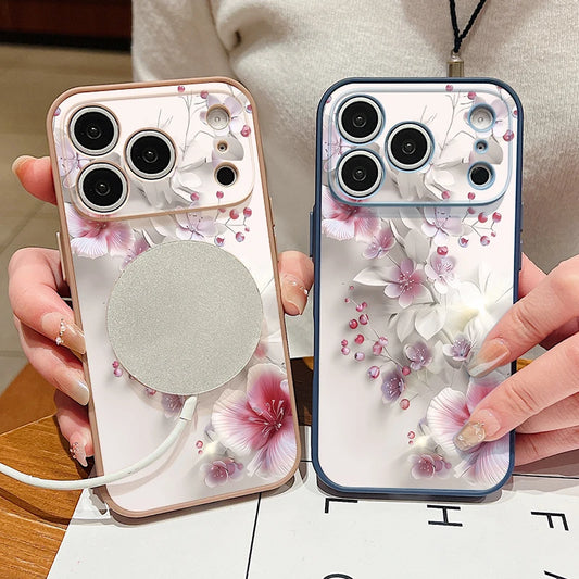 Magnetic Phone Case For iPhone 17 Pro 16 15 14 13 Pro Max For Magsafe Wireless Charge Pink Flower Printed Hard PC Back Cover