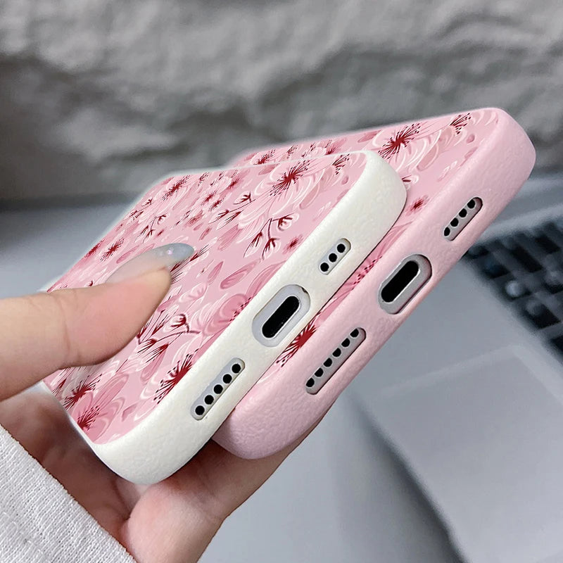 Pink Peach Blossoms Print Phone Case For iPhone 17 16e 16 15 Pro Max 14 13 12 Pro Max 11 Air Soft Leather Texture TPU Back Cover
