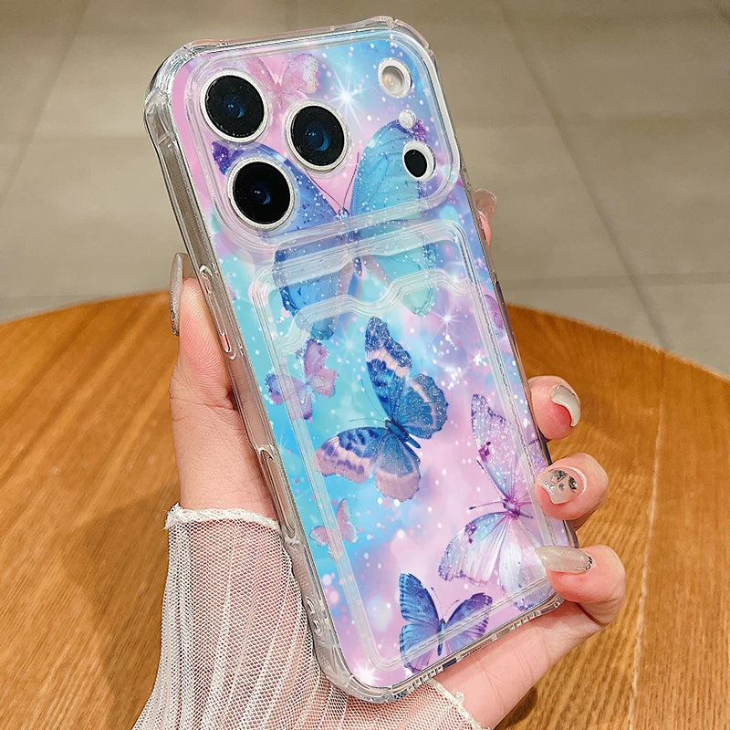 Card Slot Pocket Case For iPhone 17 16 Pro 15 14 13 Pro Max 11 Shockproof Gorgeous Butterfly Pattern Soft Silicone Phone Cover