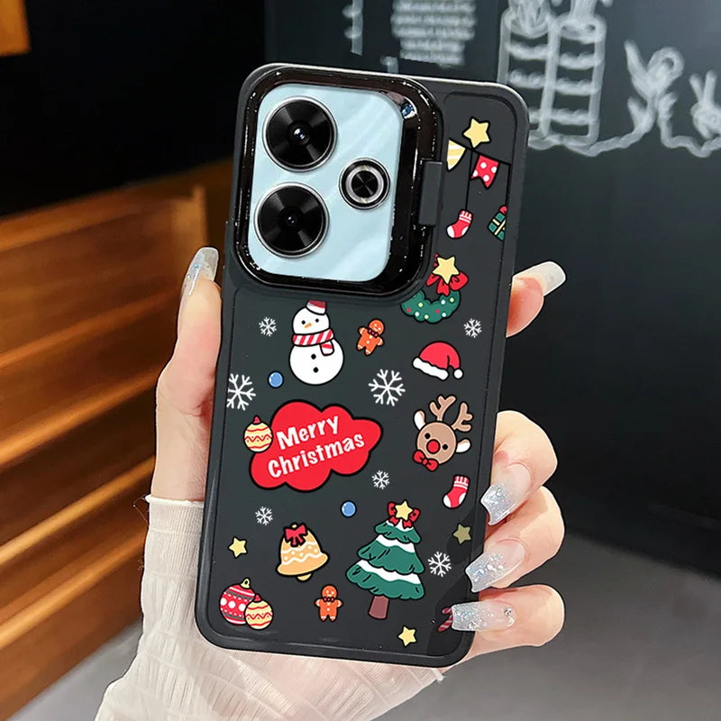 Merry Christmas Pattern Lens Frame Holder Case For Xiaomi Redmi Note 13 Pro 12 11 Pro 5G 13C 4G Kickstand Soft TPU Phone Cover