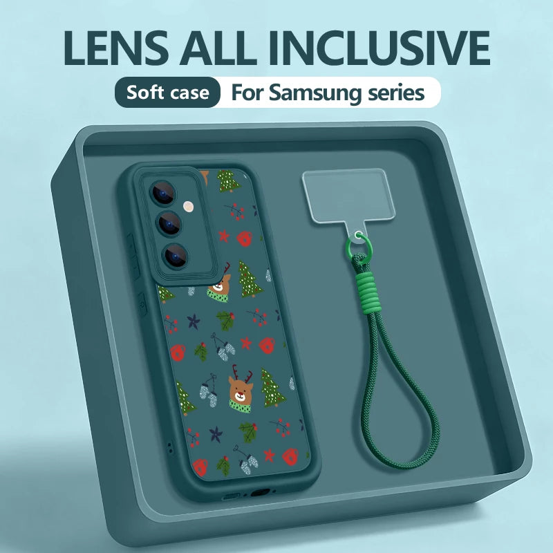 Cartoon Reindeer Print Lanyard Case For Samsung Galaxy S25 S23 S22 S24 Ultra S24 S25 FE A17 A56 A16 A55 A15 A36 A25 5G TPU Cover
