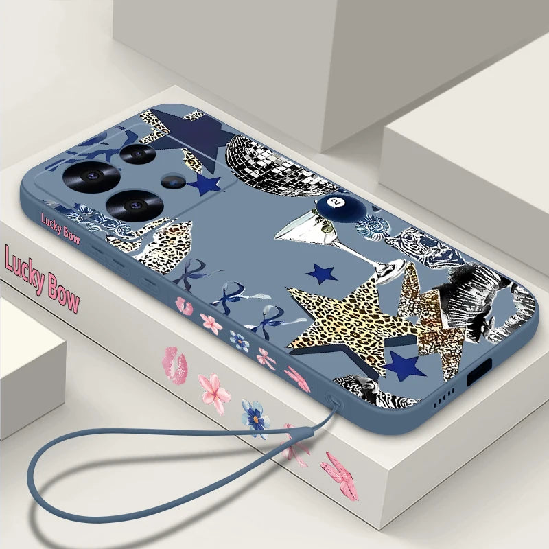 Five Pointed Star Printed Phone Case For Xiaomi Redmi Note 14 13 12 Pro 4G Note 13 14 Pro Plus 5G 13C 11 Pro Lanyard TPU Cover