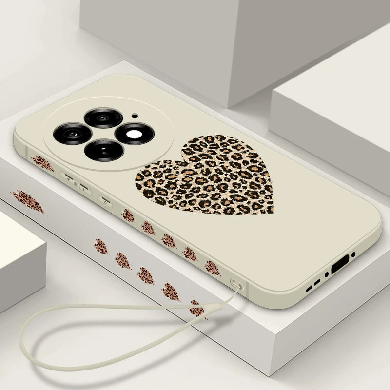 Lanyard Soft TPU Phone Case For OnePlus 15 13 13T 12 13R 12R 11R Nord 5 Ace 5 3 2 5G Leopard Print Heart Pattern Silicone Cover