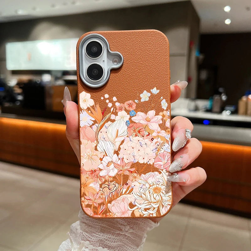 Leather Texture TPU Phone Case For iPhone 17 16 15 Pro Max 14 15 Plus 13 12 Pro Max 11 Air Pink Flowers Printed Soft Back Cover