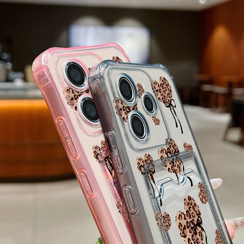 Card Slot Pocket Soft TPU Case For Xiaomi Poco X6 X7 F6 X5 Pro M6 Pro C65 Leopard Print Love Heart Pattern Silicone Phone Cover