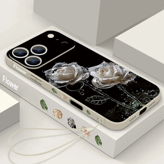Wrist Strap Lanyard TPU Phone Case For iPhone 17 16 15 Pro Max 12 13 14 Pro Max Air 11 White Rose Pattern Soft Silicone Cover