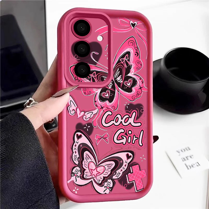 Soft TPU Phone Case For Samsung Galaxy S25 S24 S23 Ultra S25 Edge S24 S23 FE S22 Plus Pink Butterfly Pattern Silicone Back Cover