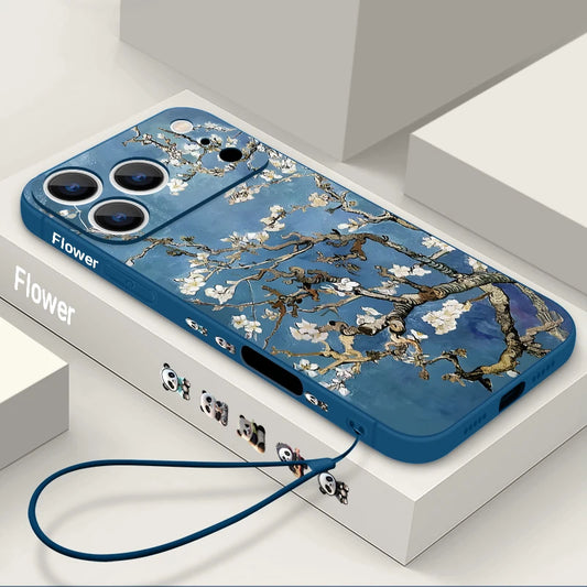 Wrist Strap Lanyard TPU Phone Case For iPhone 17 16 15 Pro Max 12 13 14 Pro Max Air 11 White Flowers Pattern Soft Silicone Cover