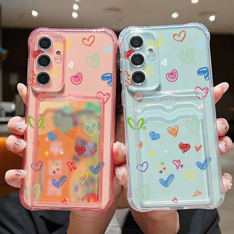 Colorful Love Card Bag Wallet Case For Samsung Galaxy S24 S23 FE S22 Ultra A16 A55 A35 A25 A15 A06 A05 5G Clear Soft TPU Cover