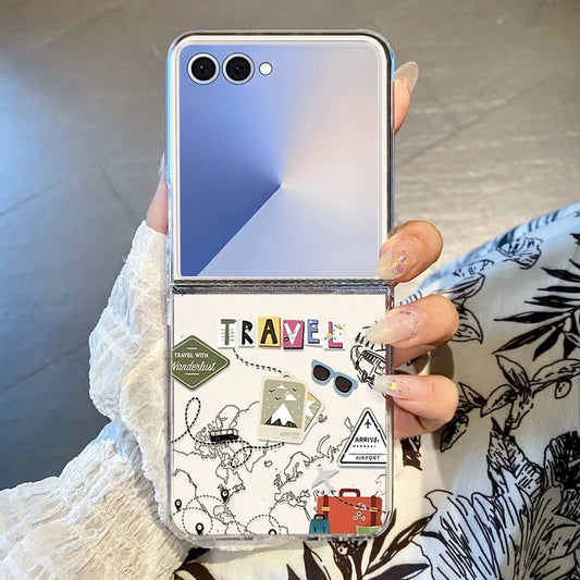 Travel Map Pattern Case For Samsung Galaxy Z Flip 7 FE 6 5 4 3 5G Hard Folding Phone Cover For Galaxy Z Flip7 Flip6 Flip5 Flip4
