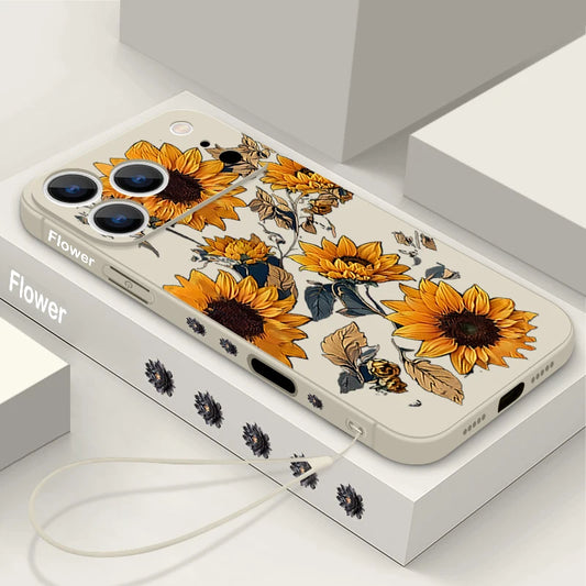 Wrist Strap Lanyard TPU Phone Case For iPhone 17 16 15 Pro Max 12 13 14 Pro Max Air 11 Sunflowers Pattern Soft Silicone Cover