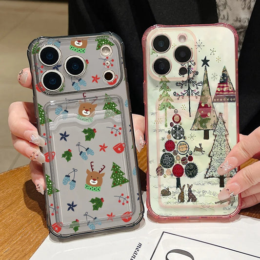 Card Slot Pocket TPU Phone Case For iPhone 17 Pro Max Air 16e 16 15 14 13 Pro Max 12 11 Christmas Tree Printed Soft Back Cover