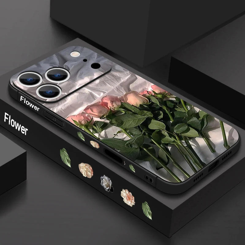 Wrist Strap Lanyard TPU Phone Case For iPhone 17 16 15 Pro Max 12 13 14 Pro Max Air 11 Pink Rose Pattern Soft Silicone Cover