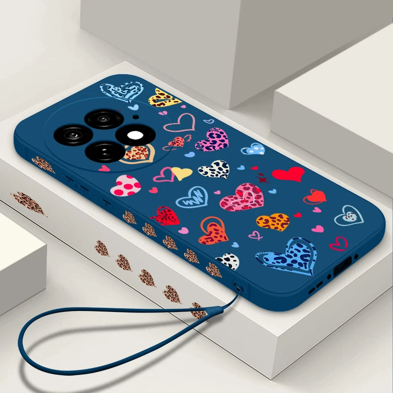 Lanyard Soft TPU Phone Case For OnePlus 15 13 13T 12 13R 12R 11R Nord 5 Ace 5 3 2 5G Colorful Love Heart Printed Silicone Cover