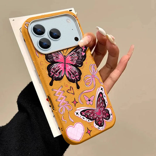 Leather Texture TPU Phone Case For iPhone 17 16 Pro Max 14 15 Plus 13 12 Pro Max 11 Air Pink Butterfly Printed Soft Back Cover