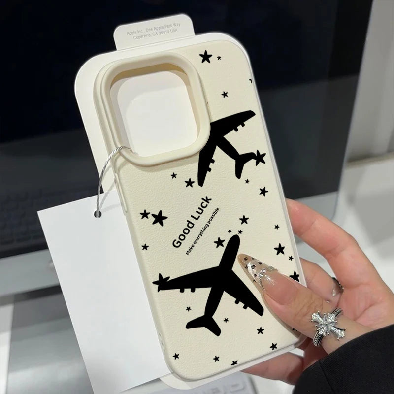 Airplane TPU Case For iPhone 16e 16 Pro Max 12 13 14 15 Pro Max 11 Shockproof Leather Texture Soft Silicone Phone Cover Fundas
