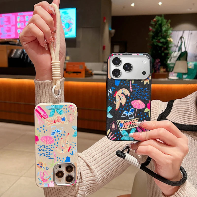 Wrist Strap Lanyard Phone Case For iPhone 17 16 15 Pro Max 14 15 Plus 13 12 Pro Max Air Summer Vacation Printed TPU Back Cover