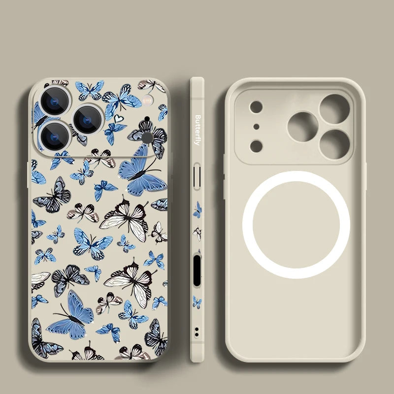 Blue Butterfly Pattern Phone Case For iPhone 17 Pro Max Air 16E 16 15 14 13 12 Pro Max 11 Magnetic For Magsafe Lanyard TPU Cover
