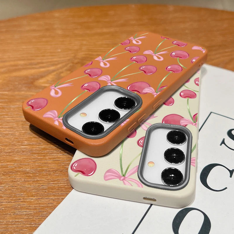 Cherry Bowknot Printed TPU Phone Case For Samsung Galaxy A56 A16 A36 A55 A15 A25 A26 A35 A54 A53 5G Leather Texture Back Cover
