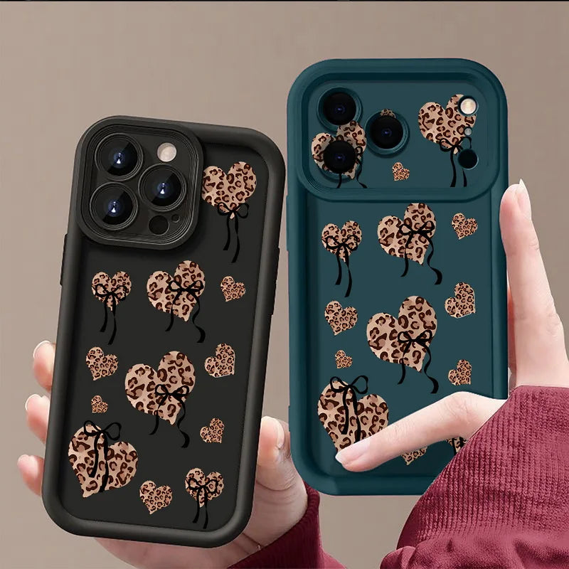 Soft TPU Phone Case For iPhone 17 Pro Air 16e 15 16 Pro Max 14 16 Plus 13 12 Pro Max Leopard Print Heart Pattern Silicone Cover