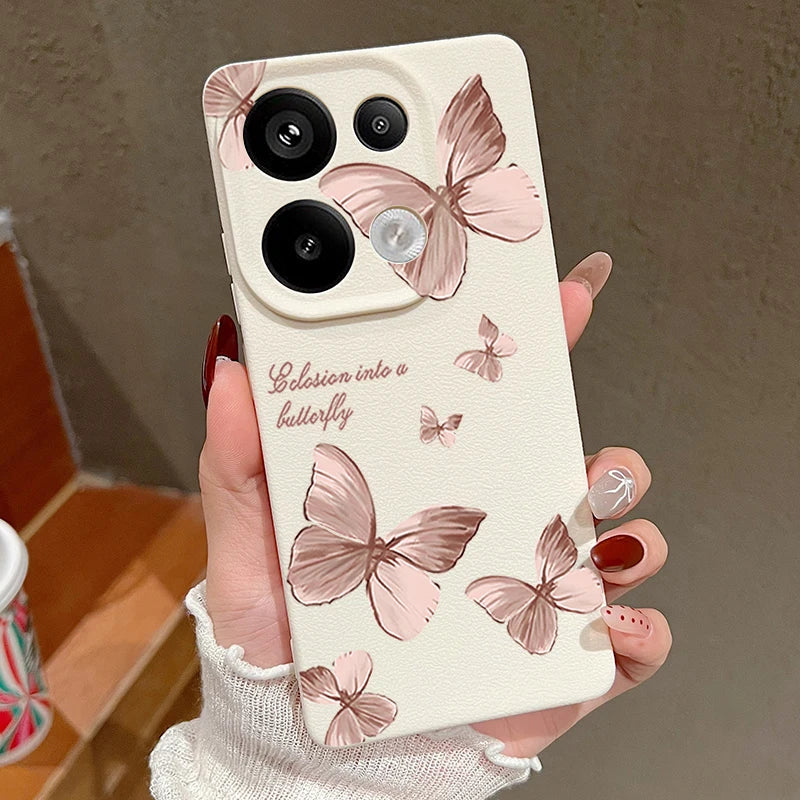 Pink Butterfly Pattern Phone Case For Xiaomi Redmi Note 14 13 Pro 4G Note 13 14 Pro Plus 5G 13C 11 Pro Leather Texture TPU Cover