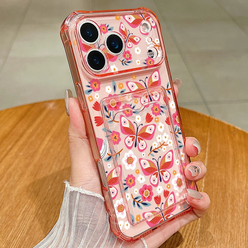 Card Slot Pocket Case For iPhone 17 16 Pro 15 14 13 Pro Max 11 Shockproof Pink Butterfly Pattern Soft Silicone Clear Phone Cover