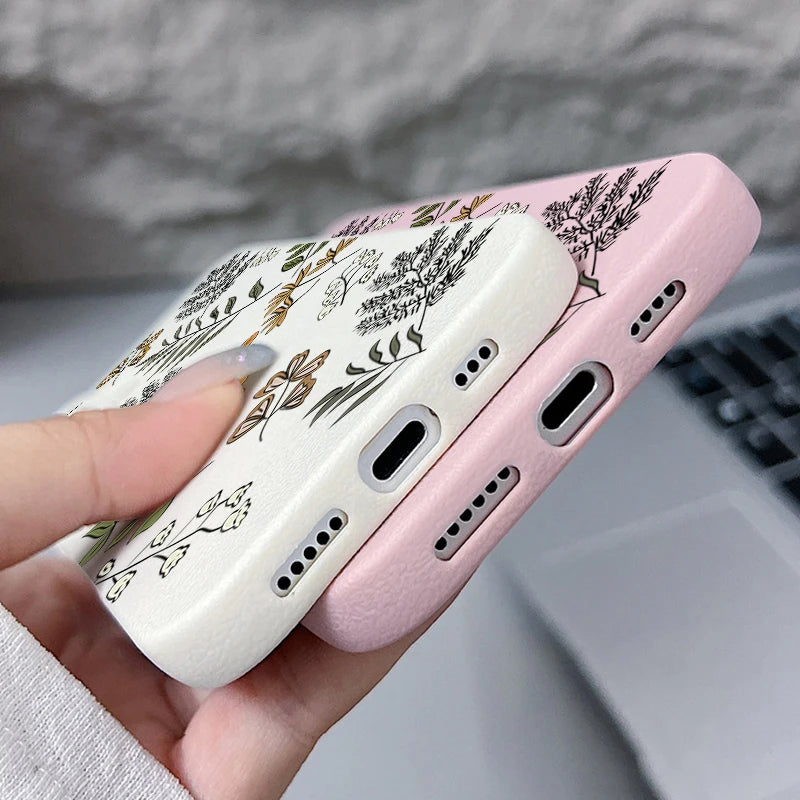 Leaves Pattern Soft Case For iPhone 17 Air 16e 16 15 14 13 12 Pro Max 11 Luxury Leather Texture TPU Silicone Phone Cover Fundas