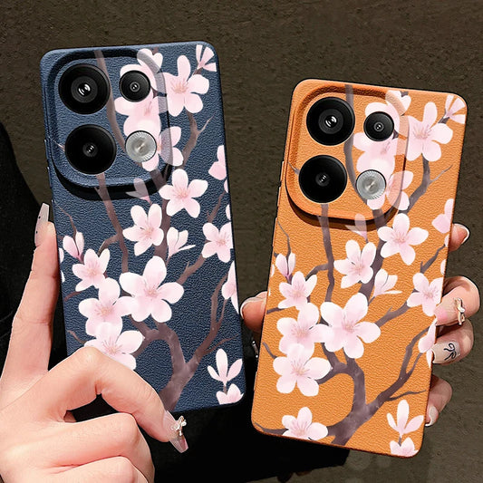 Cartoon Cherry Blossoms Case For Xiaomi Redmi Note 14 13 Pro 4G Note 13 14 Pro Plus 5G 13C 11 Pro Leather Texture Soft TPU Cover