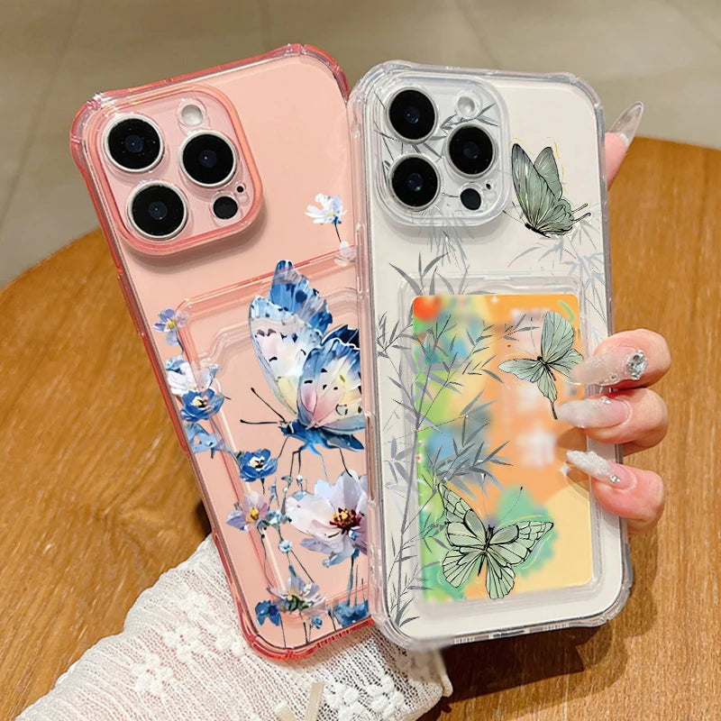Card Slot Pocket TPU Case For iPhone 17 16 Pro 15 14 13 Pro Max 11 Shockproof Butterfly Pattern Soft Silicone Clear Phone Cover