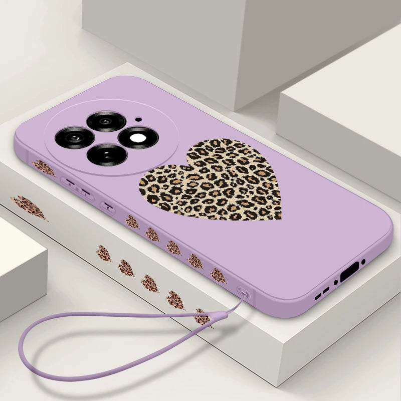 Lanyard Soft TPU Phone Case For OnePlus 15 13 13T 12 13R 12R 11R Nord 5 Ace 5 3 2 5G Leopard Print Heart Pattern Silicone Cover