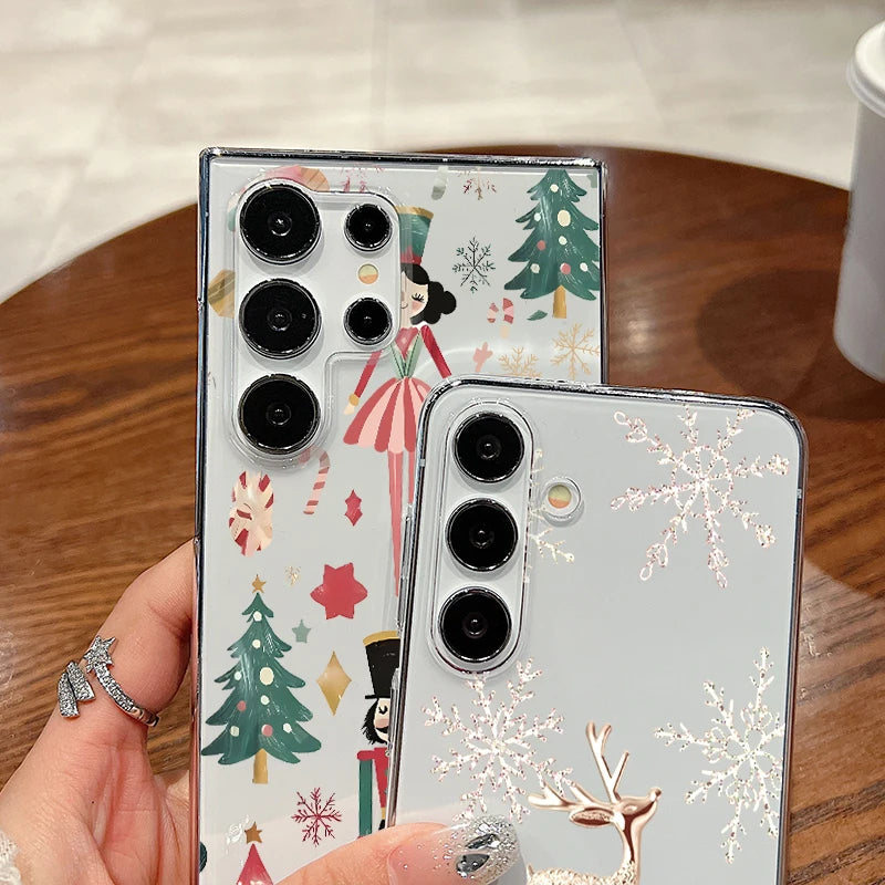 Clear Hard PC Case For Samsung Galaxy S25 S24 S23 Ultra S24 S25 FE S22 S21 Plus Christmas Elk Pattern Transparent Phone Cover